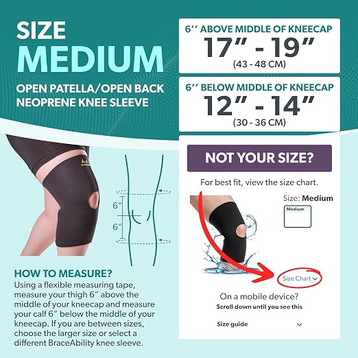 BraceAbility Open Patella/Open Back Neoprene Knee Sleeve | Water-Resistant Athletic Compression Knee Brace for Swimming, Wakeboarding, Scuba Diving, Surfing, Waterskiing and Other Sports (Medium)