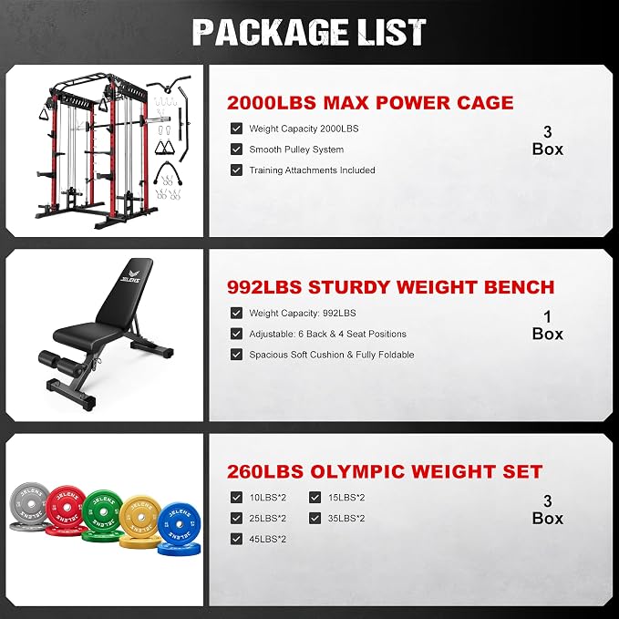 JELENS M21 Smith Machine, Multi-Function Power Cage with Dual Pulley Cable Crossover System, 2000LBS All-in-One Squat Rack with Smith Bar and Attachments for Home Gym
