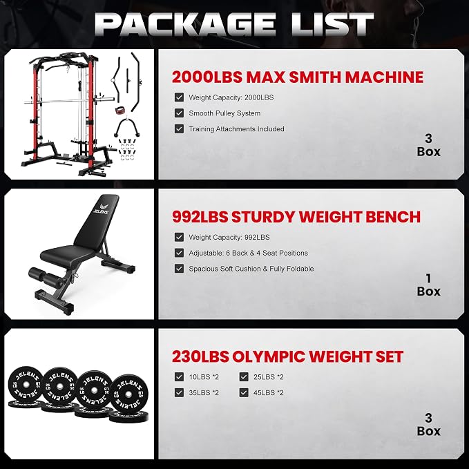 SR01 Smith Machine, 2000LBS Multi-Function Power Cage with LAT Pulldown System, All-in-One Home Gym Squat Rack with Smith Bar and Training Attachments for Full Body Workouts