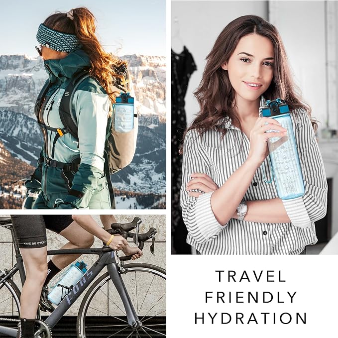 Hyeta Water Bottle with Straw & Time Marker, Plastic 32oz Leakproof | Motivational Tritan BPA Free Gym Office Outdoor Intake Tracker Hourly Reminder Straw Lid Carry Strap