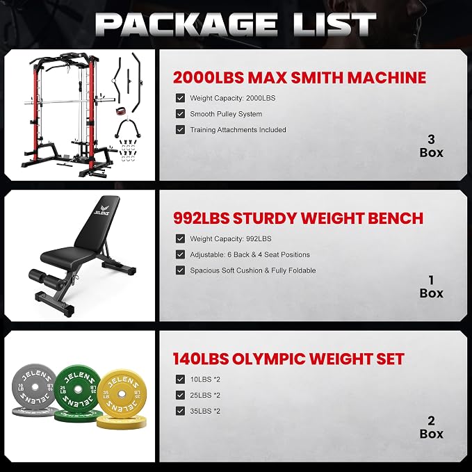 SR01 Smith Machine, 2000LBS Multi-Function Power Cage with LAT Pulldown System, All-in-One Home Gym Squat Rack with Smith Bar and Training Attachments for Full Body Workouts