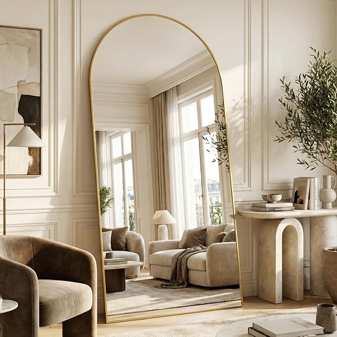 Suidia 88"x44" Arched Full Length Mirror with Stand, Full Body Mirror with Aluminum Frame, Freestanding/Leaning/Wall-Mounted, Floor Mirrors for Bedroom, Living Room, Entryway, Dressing Room, Gold