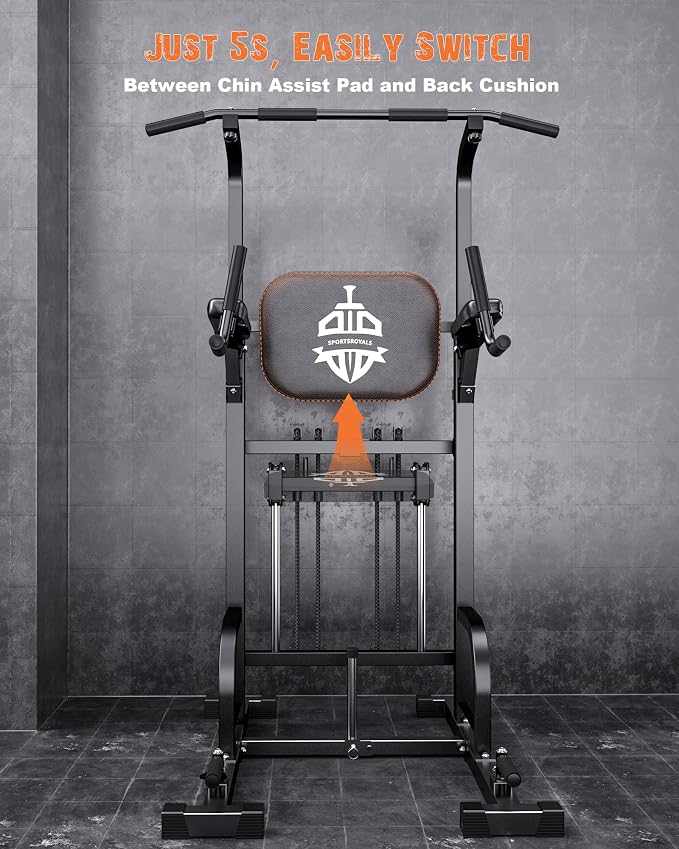 Sportsroyals Assisted Pull Up Bar Station, 450LBS Adjustable Power Tower with Resistance Bands for Home Gym Strength Training Equipment