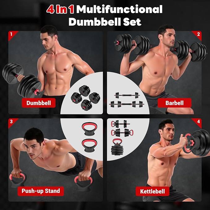 Adjustable Dumbbells, GOIMU 32/54/76/94LBS Free Weight Set, 4 in 1 Dumbbell Set Used as Barbell, Kettlebell, Push Up Stand, Fitness Exercise for Home Gym Suitable Men/Women