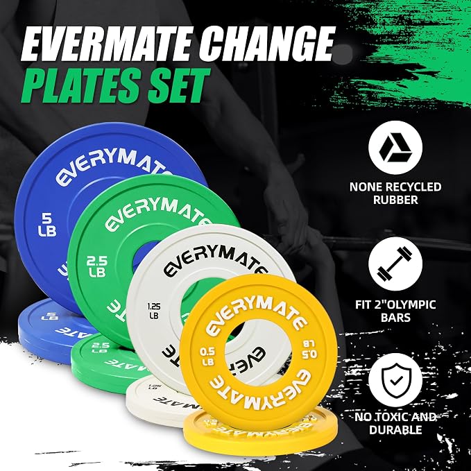 EVERYMATE Change Weight Plates 1.25LB 2.5LB 5LB Set Fractional Plate Olympic Bumper Plates for Cross Training Bumper Weight Plates Steel Insert Strength Training Weight Plates