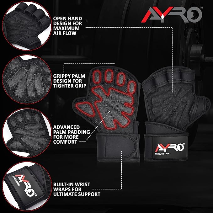AYRO Workout Gloves for Men & Women, Gym Gloves for Men, Weight Lifting Gloves with 15" Wrist Wraps & Support, Breathable Palm Padding, Non-Slip Grip for Fitness, Cross Training & Bodybuilding