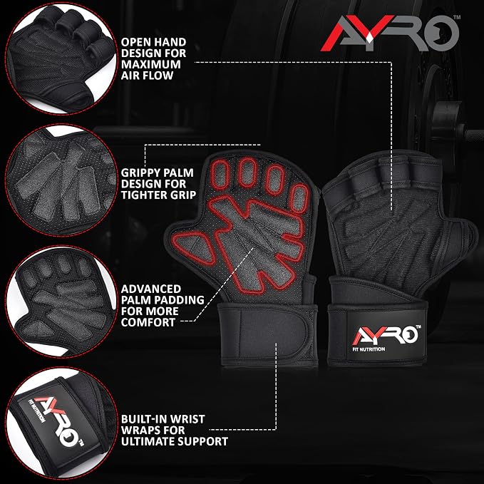 AYRO Workout Gloves for Men & Women, Gym Gloves for Men, Weight Lifting Gloves with 15" Wrist Wraps & Support, Breathable Palm Padding, Non-Slip Grip for Fitness, Cross Training & Bodybuilding