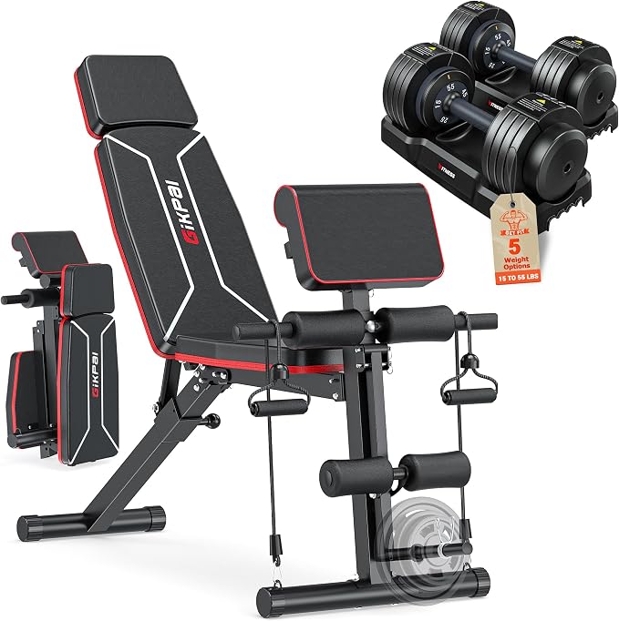 GIKPAL Adjustable Weight Bench - Workout Bench Press for Home Gym | Foldable Incline Decline Sit up Exercise Bench for Full Body Strength Training w/Leg Extension and Preacher Pad