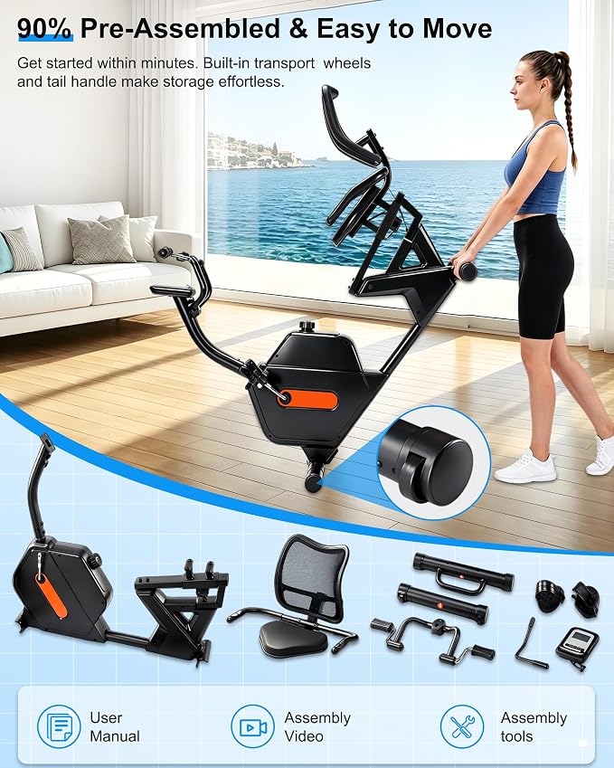 Kawnina Recumbent Exercise Bike for Home, Extra Wide Seat & Arm Exerciser | Ergonomic Back Support, Adjustable Rail, 16-Level Resistance, 420 lbs Capacity