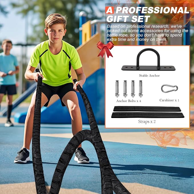 Battle Ropes for Home Gym 1 Inch Diameter 30FT Length Workout Rope Exercise Rope Training Ropes with Protective Sleeve for Kids Men Women Exercise Fitness & Strength Training