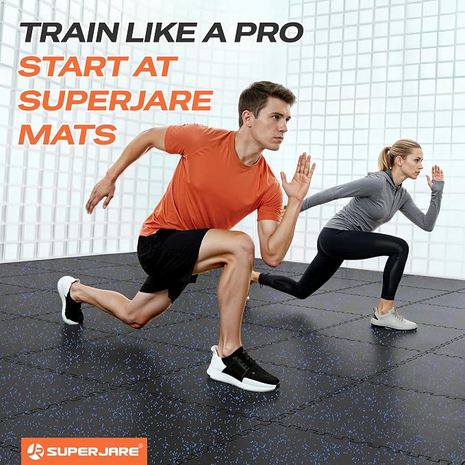 SUPERJARE 0.56'' Thick 36 Pcs 144 Sq Ft Rubber Top Exercise Equipment Mats, High Density EVA Foam Mats with Rubber Top, Interlocking Gym Flooring for Home Gym, Protective Workout Mat, Black/Blue