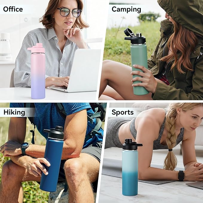 Fijinhom Insulated Water Bottle with Handle, 304 Stainless Steel Water Bottles with Wide Mouth, Double Wall Vacuum Sports Water Bottle, BPA Free, Keep Cold and Hot, 24 Ounces, Pink/Purple