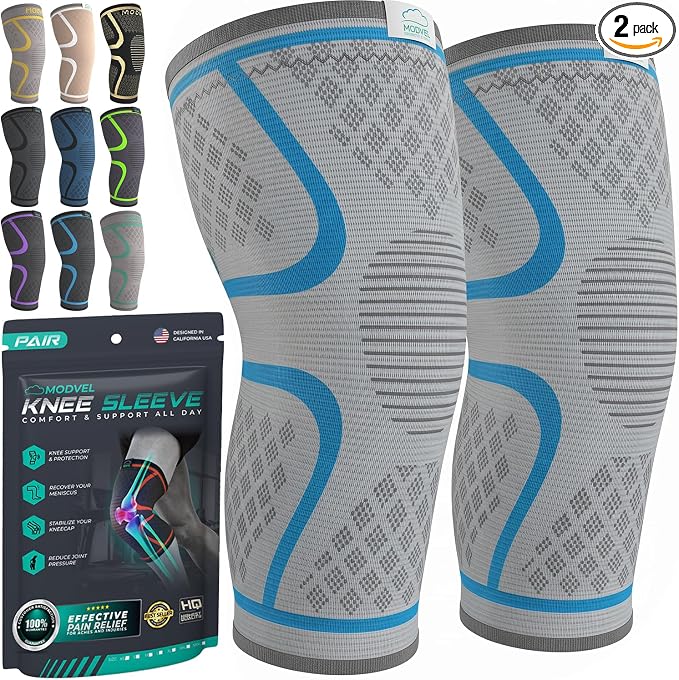 Modvel Compression Knee Brace for Women & Men - 2 Pack Knee Brace for Women Running Knee Pain, Knee Support Compression Sleeve, Workout Sports Knee Braces for Meniscus Tear ACL & Arthritis Pain Relief