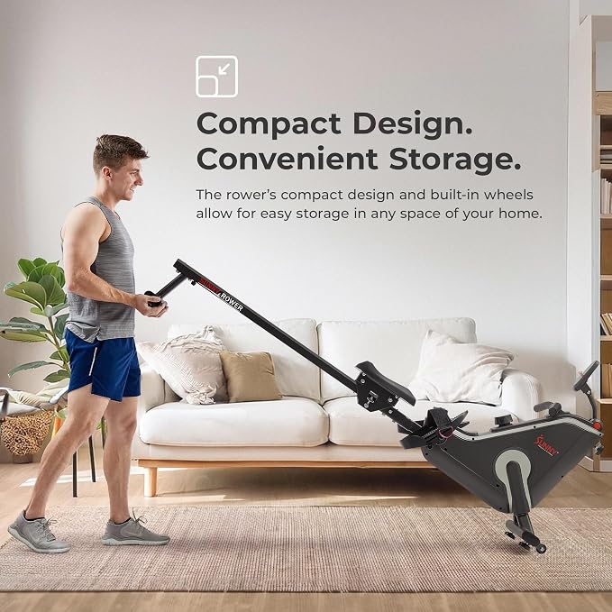 Sunny Health & Fitness Smart Flippable Magnetic Rower, 50 Inches Quiet & Smooth Stainless Steel Slide Rail, Full-Body Low-Impact Exercise Rowing Machine For Home, Free SunnyFit Training APP Connection