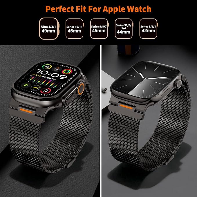 Bands Compatible with Apple Watch Ultra 3/2/1 Band 49/46/45/44mm | Milanese Loop Magnetic Stainless Steel Strap for iWatch Ultra SE 3/2/1 Series 11 10 9 8 7 6 5 4 3 2 1 Men, Black