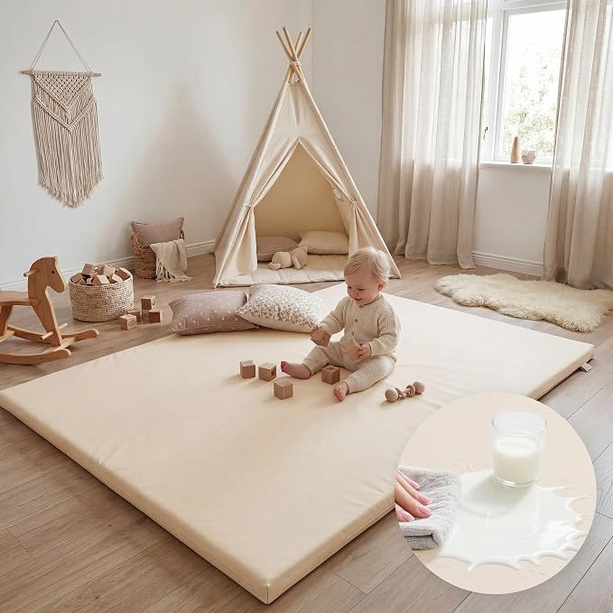 Huloo Sleep Baby Play Mat 74x50 Inches, 1.3" Thick Padded Waterproof Floor Cushion & Playpen Mat with Vegan Leather, Non-Slip & Non-Toxic Nursery Rug for Infants, Toddlers & Kids(Beige)
