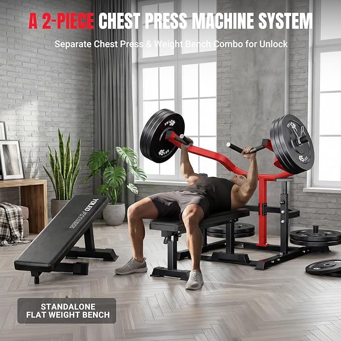 YOLEO 2-Piece Chest Press Machine & Flat Weight Bench, 1100LBS Home Gym Upper Body Machines with Independent Arms & Adjustable Flat Bench