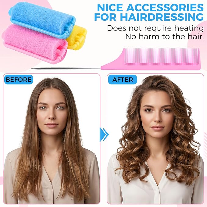 43 PCS Foam Hair Rollers - 0.59 Inch Sponge Rollers for Heatless Hair Curler Flexible Sponge Curler Tool and Rat Tail Comb for Short/Long Hair Soft Sleeping Thin Hair Curl Overnight Rulos