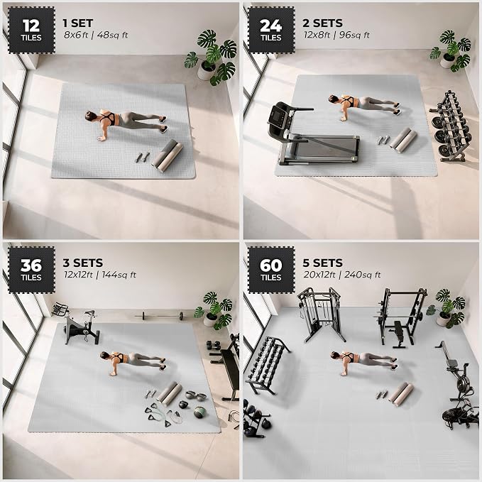 bemaxx Gym Mats Set - 12 pcs EVA Interlocking Foam Floor Tiles (24.4"x24.4"x0.4") 48 sqft Protective Gym Flooring Sports Home Workout Exercise Mats Puzzle Garage Fitness Play-Room Pool Treadmill Bike