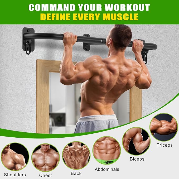 SELEWARE 32"/36" Wall Mount Pull Up Bar Joist Mount Chin Up Bar for Doorway | Heavy Duty Steel Construction Support 450 lb, w/Resistance Band Hooks, Fits 32"/36" Wall Studs for Home Gym Strength Training