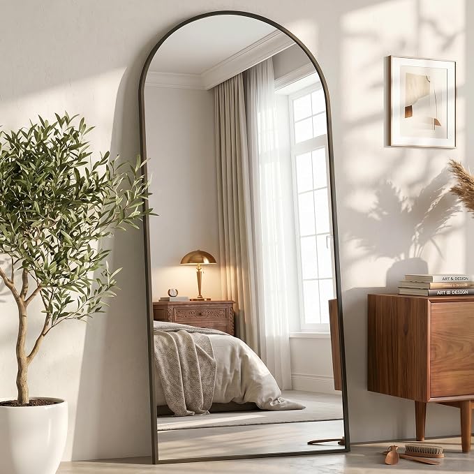 71"x28" Arched Full Length Mirror with Stand, Free Standing Leaning Wall Mounted Aluminum Alloy Frame Mirror for Bedroom Living Room Cloakroom, Black
