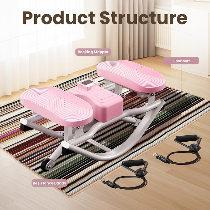 Rock Stepper for Home Exercise, Side-to-Side Mini Stepper with Bands, Low-Impact Cardio for Glutes Legs Core, Quiet LCD Fitness Machine