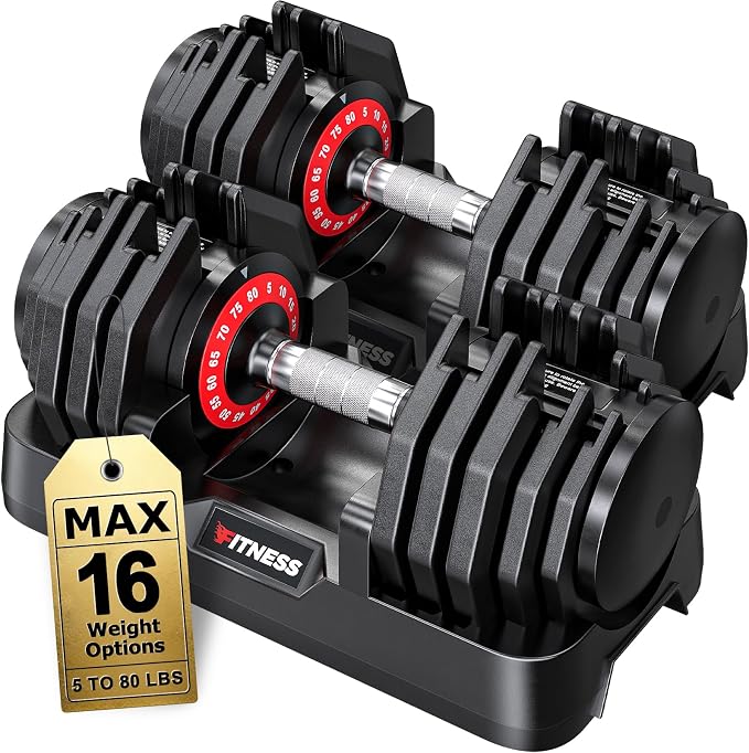 Rendpas Adjustable Dumbbell Set for Home Gym Strength Training | 25/55/80LB Pair, 10-in-1/16-in-1 Weight Set, 1-Sec Quick Adjust, Non-Slip Knurled Grip, Dual-Lock Safety, Space-Saving Tray