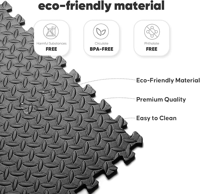 12 Pack 48 sqft Home Gym Mat, Puzzle Exercise Mat, EVA Interlocking Foam Floor Tiles for Home Workout Equipment and Kids' Play Areas - Black, 24 in x 24 in x ½ in - 12 Tiles (Black, 12 Pack, 48 SQ FT)