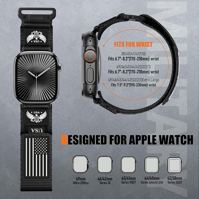 Rugged Nylon- Compatible with Apple Watch Ultra 3/ Ultra 2 Band 49mm Men,Tactical Soft Woven Stars- Stripes Flag Sport Strap for iWatch Bands 46mm 45mm 44mm 42mm Series 11 10 9 8 7 6 5 4 3 2 1 Se
