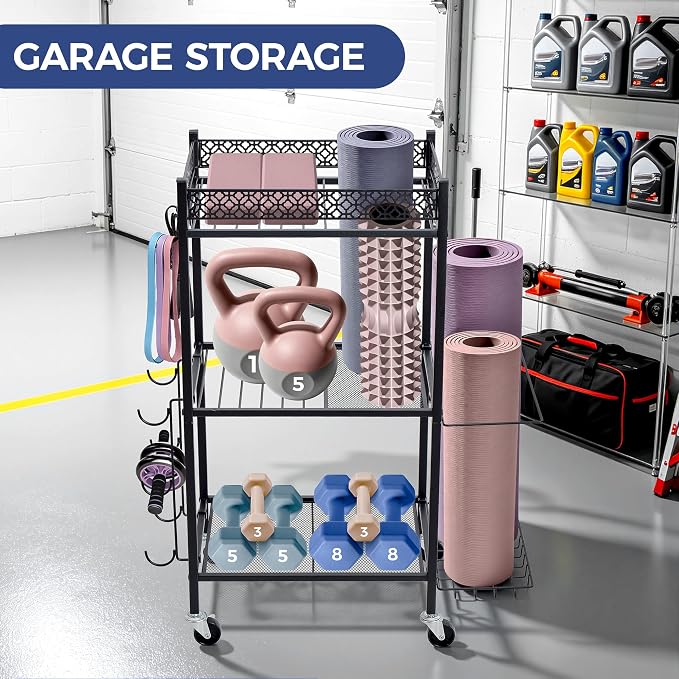 Yoga Mat Storage Rack with Wheels Home Gym Essentials | Foam Roller Yoga Blocks Dumbbells Kettlebells Resistance Bands Workout Exercise Organizer Fitness Gear Garage Organization