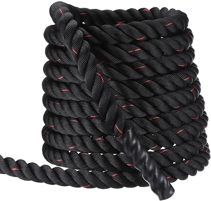 MECCANIXITY Battle Rope 20ft x 2 Inch Polyester Workout Rope Heavy Fitness Exercise Rope for Strength Training Home Gym Muscle Building, Black Red