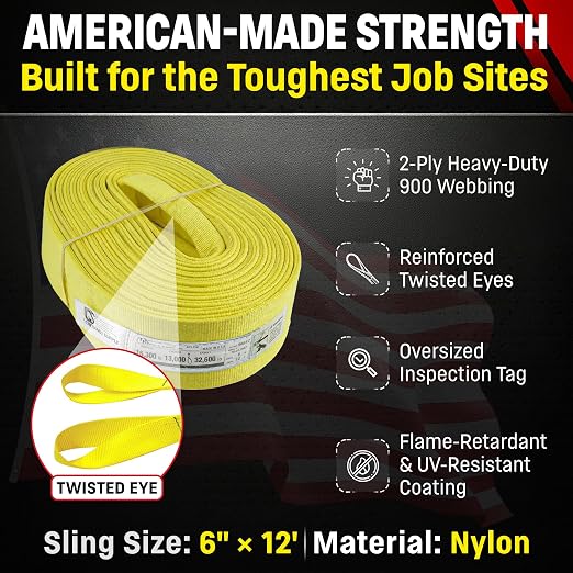 DD Sling 6 Inch x 12 Foot Nylon Lifting Sling – USA Made, 16,300 lb Vertical, 13,000 lb Choker, 32,600 lb Basket – 2-Ply Heavy Duty 900 Webbing, Type 4 Twisted Eye & Eye Rigging Sling
