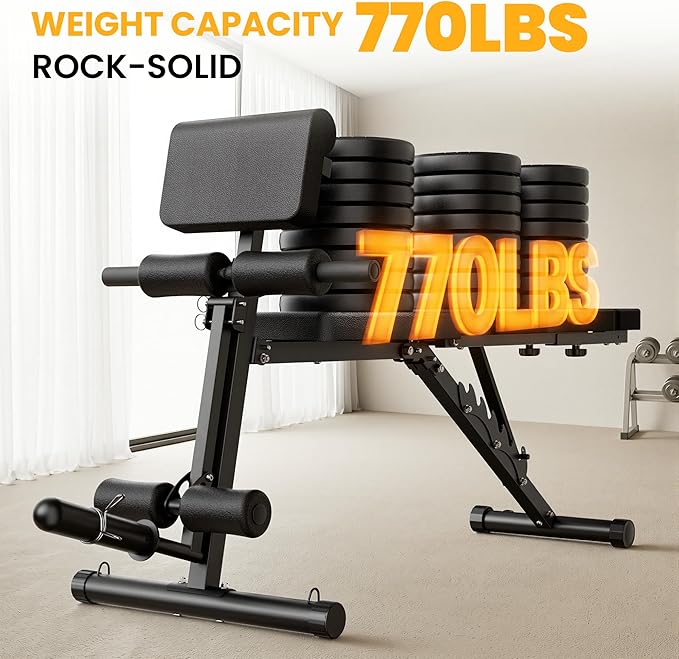 Steelite Adjustable Weight Bench for Home Gym, Foldable Workout Bench with Leg Extension and Leg Curl, 770 LBS Multi-Function Preacher Curl Weight Bench for Full Body Training Fitness, Incline Decline Flat Sit Up Bench Home Gym Equipment with Wheels fo...