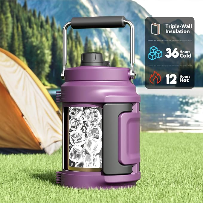 64 oz Insulated Water Bottle for Gym: Meoky Triple Wall Vacuum Stainless Steel Half Gallon Water Jug - Top and Side Handles, 2-in-1 Straw and Spout Lid, Cold for 36 Hrs, Leak Proof for Camping (Plum)
