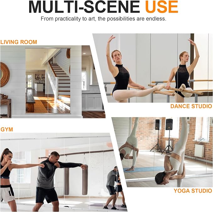 Delma Home Gym Mirror, 70''x24''x2PCS, Silver | Large Full Body, Tempered Glass Frameless, Wall-Mounted, For Gym, Yoga, Garage, Bedroom, Bathroom