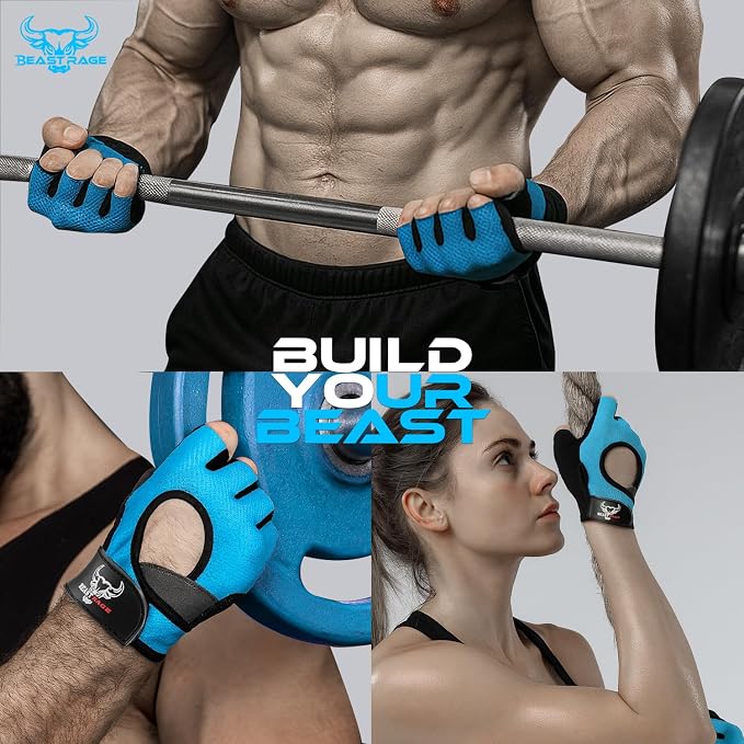 BEAST RAGE Fingerless Weight Lifting Gloves with Palm Protection Padding, Breathable Lightweight Gym Gloves for Men, Women, Weightlifting, Cycling, Exercise, Training Pull Up