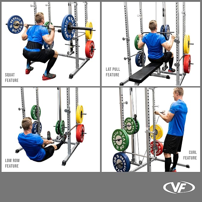 Valor Fitness Power Rack - Squat Rack and Bench Press Power Cage with LAT Pulldown Attachment 2" x 2" Frame - Workout Rack Bundle Options for Complete Weightlifting Home Gym