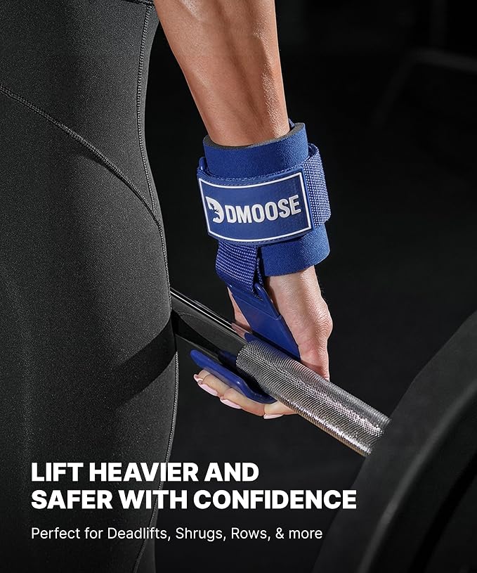 DMoose Fitness Weight Lifting Hooks (Pair) for Deadlifts, Pull Ups, Rows & Shrugs - Anti-Rip Nylon Strap Hand Grips with Thick Wrist Padding - Heavy Duty Wrist Straps for Weightlifting & Gym Workouts