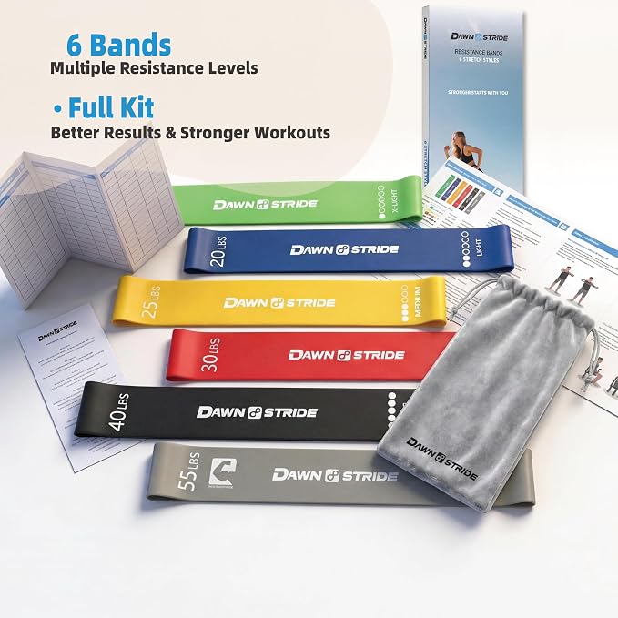 6-Level Resistance Loop Bands Up to 55LBS for PT & Strength | Color-coded, tear-resistant, quick rebound. Tracker card, bag & guide. Yoga, Pilates, home, travel & gym.
