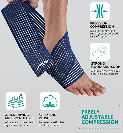 Foot & Ankle Brace 2 Pack, Adjustable Compression Wrap for Men & Women – Helps with Sprains, Plantar Fasciitis, Achilles Tendonitis, Arthritis, Running, Sports, Gym – Fits in Shoes (Navy Blue)