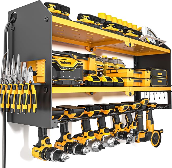 YYR Power Tool Organizer with Charging Station Wall Mount, Cordless Drill and Battery Holder for Garage Organization, Electric Tools Storage Rack Build in Surge Protection Power Strip - Yellow Shelf