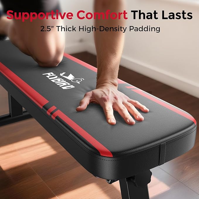 FLYBIRD Foldable Flat Weight Bench for Home Gym, 600/1000 lbs Capacity with Dual Locking for Strength Training, Easy Setup & Storage for Small Apartments, Lifting, Hip Thrust, Dumbbell Workout (B-Red-01)