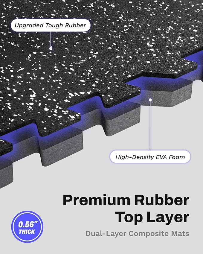 AIRHOP 0.56in Thick 144 Sq Ft Exercise Equipment Mats, 36 Tiles Upgraded Rubber Top with High Density EVA Foam, Large Interlocking Puzzle Gym Flooring for Home Gym, Heavy Weight Workout, 24 x 24in