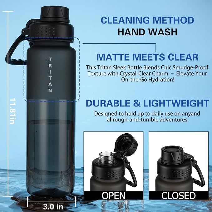 OLDLEY 32 oz Water Bottle with Handle, BPA-Free Tritan Reusable Sports Water Bottle with Leak-Proof Dust Lid, Wide Mouth, Cup Holder Friendly, Half Frosted Clear Bottle for Gym, Travel, Work,Black