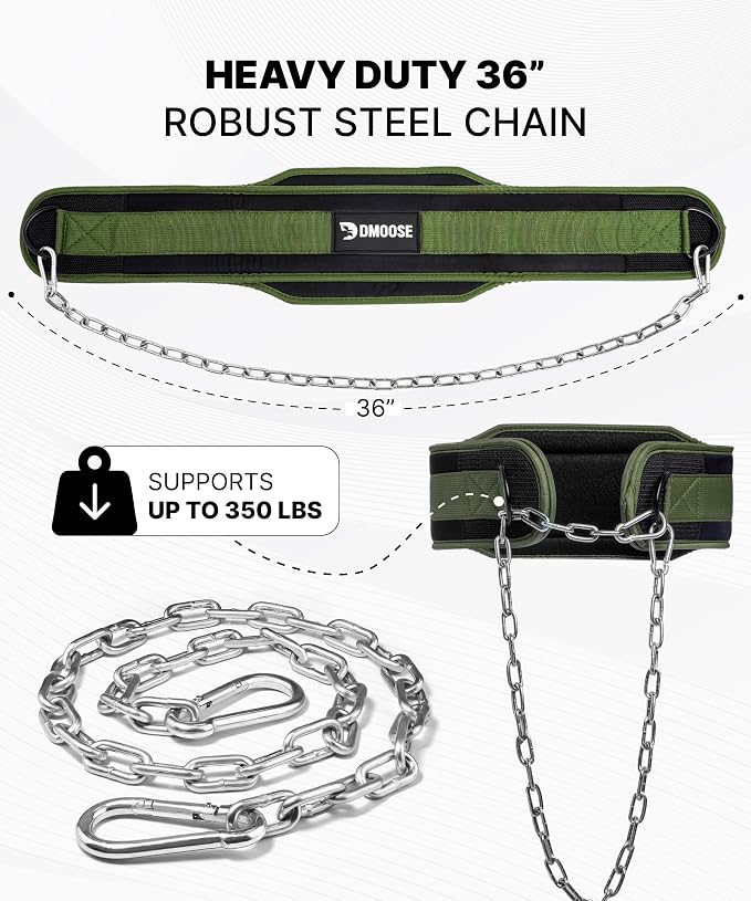 DMoose Fitness Dip Belt for Weight Lifting, Pullup, Squats & Dips - 36" Robust Steel Chain, Comfortable Neoprene Padding Supports 350lbs - Gym Weight Belt for Strength Training Workout & Weightlifting