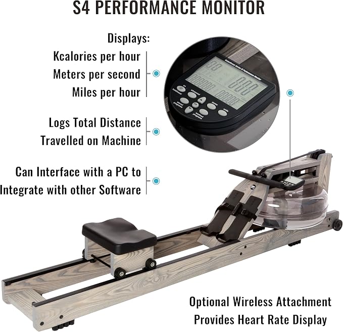Water Rower Rowing Machine for Home Use, Solid Ash Wood Rower | Water Resistance with Smooth Natural Feel. Full Body Low Impact Cardio Trainer. Upright Space Saving Storage.