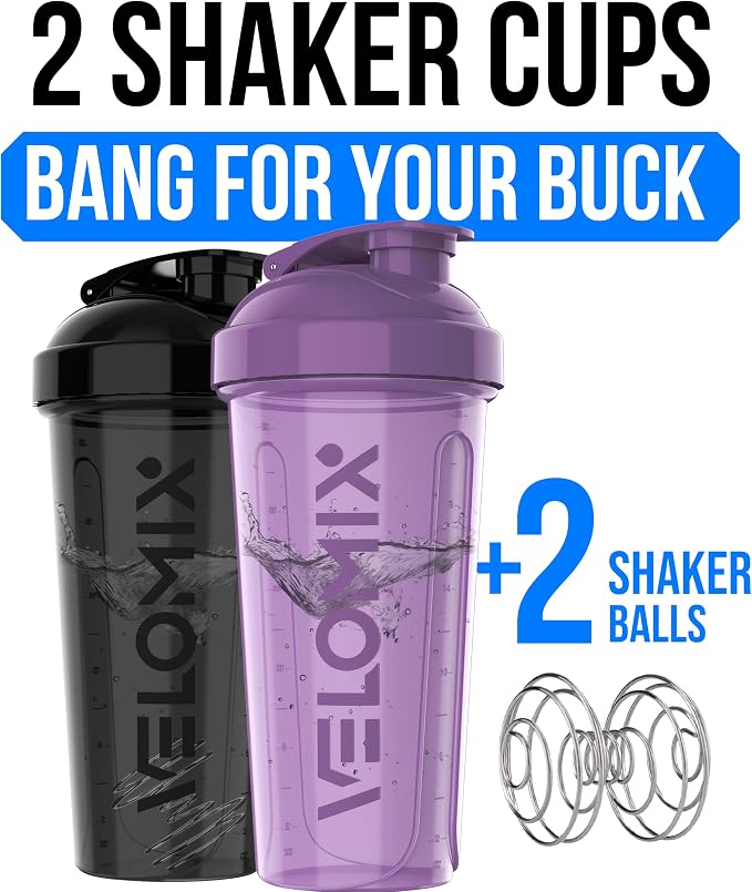 VELOMIX 2 Pack 28oz Protein Shaker Bottle for Protein Mixes, Purple/Black | 2x Wire Whisk, Leak Proof Shaker Cups for Protein Shakes, Stackable, Dishwasher safe, BPA free, Pre Workout and Fitness ready