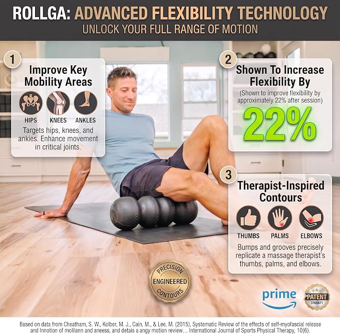 Rollga PRO - High Density Foam Roller for Exercise & Back Pain, 18 inches | Patented Grooves Protect Spine & Bone, Bumps Reach Deeper, Design Mimics Hands-On Massage, Increase Flexibility 22%
