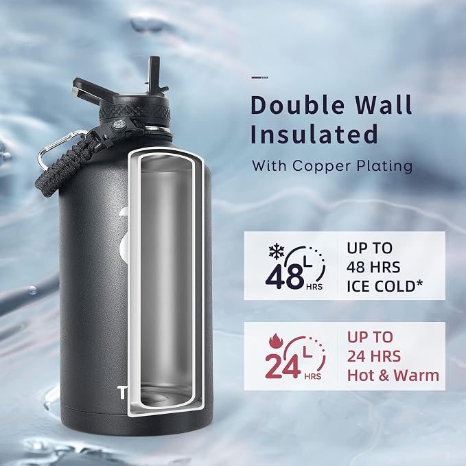 Trebo One Gallon Water Bottle Insulated with 3 Lids, Paracord Handle & Bag | 128 oz Large Stainless Steel Water Jug, Triple Wall Vacuum Copper Plated, Dishwasher Safe, Keeps Cold 48 Hrs for Hiking, Gym