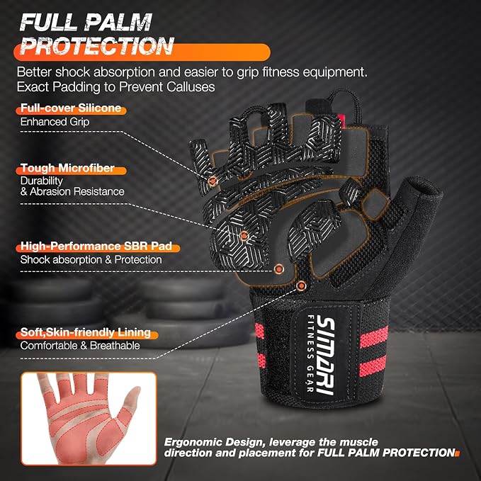 SIMARI Workout Gym Gloves for Men Women, Weight Lifting Gloves with Wrist Wrap Support, SBR Pad Grip for Full Palm Protection, for Exercise, Fitness, Dumbbells, Barbell, Climbing, Fingerless